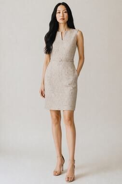 David Meister Sz 8 Gold Shimmer Sheath Dress Sleeveless Belted Lined Knee Length